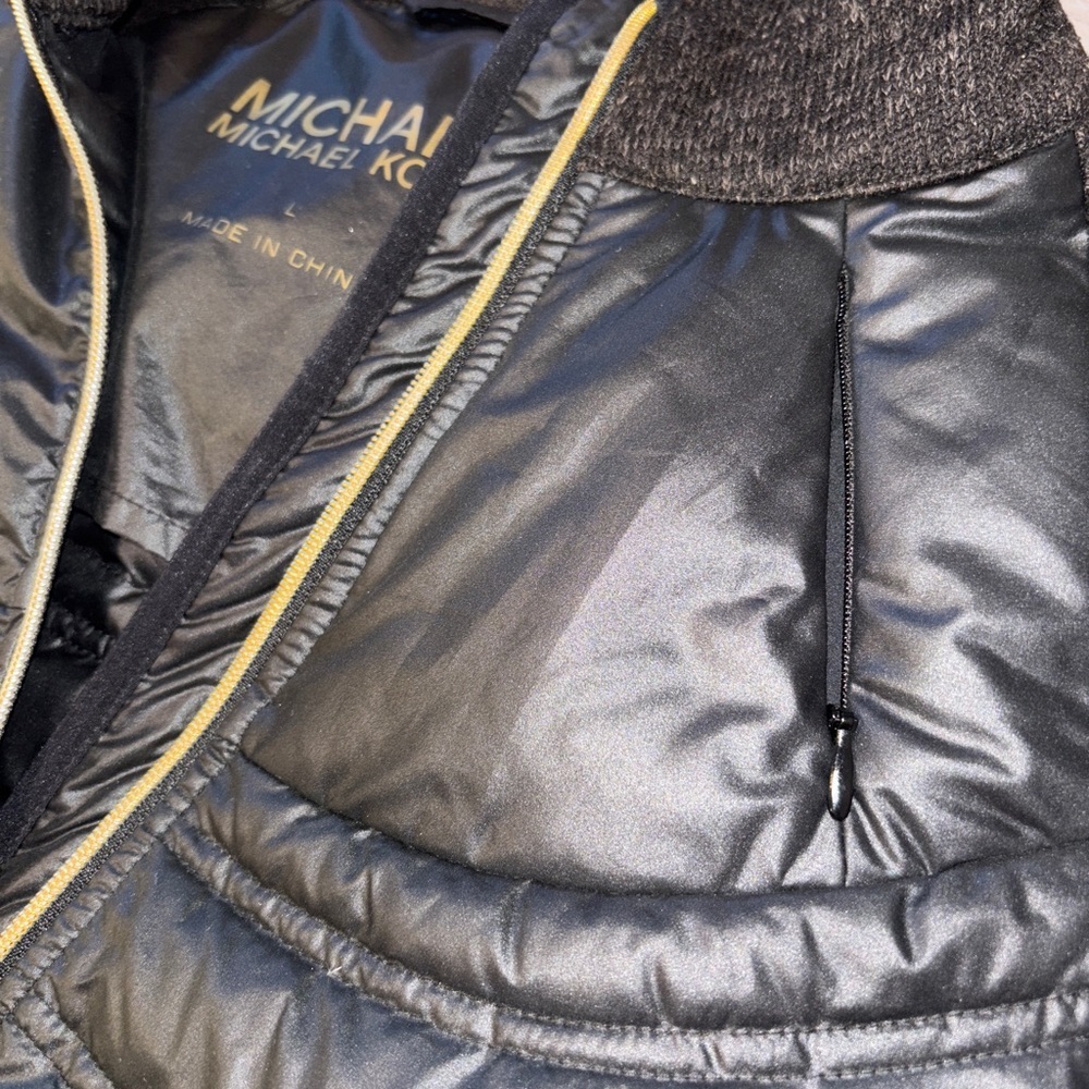 Michael Kors Black brown Hi low down Puffer Jacket with Gold MK Accents - Picture 4 of 16